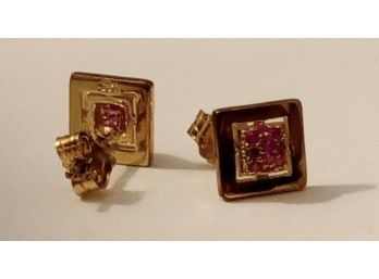 .925 Sterling Silver With Gold Overlay Square Shaped Ruby Earrings