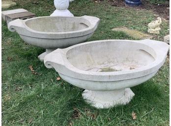 Fabulous Pair Concrete Low Twin Handled Urn Planters , Manufacturer Stamped Inside