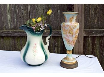 Floral Decorated Ceramic Pitcher And Table Lamp