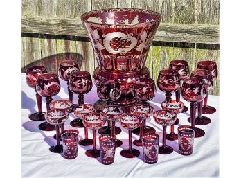 Wonderful Large Bohemian Ruby Glass Cut To Clear Vase & Stemware - 25 Pieces