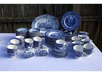 Exceptional Liberty Blue, English Historical Scenes Staffordshire Ironstone Dinner Service -106 Pieces