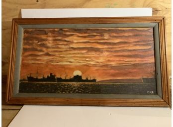 Beautiful Oil On Board Of Ships At Sunset Signed MOI