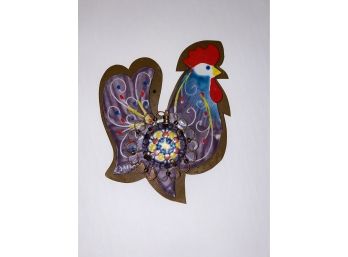 Beautiful Folk Art Rooster Metal Enameled & Colorful