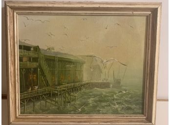 Great Oil On Canvas By W.E. Hans Of Seagulls Flying At Docks  Harbor