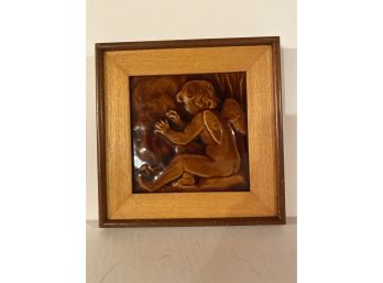 Framed Glazed Cherub Ceramic Wall Relief Sculpture