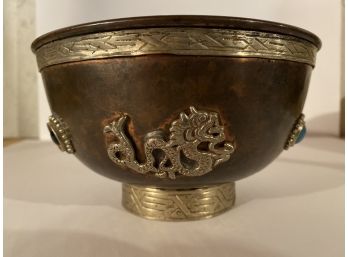 Beautiful Copper Footed Bowl With Asian Dragon Motif & Design