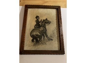 Western Cow Girl On Horse With Gun, Excellent Painting In A Beautiful Oak Frame