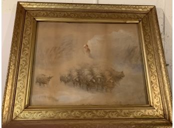 Antique Watercolor On Canvas Herding  Sheep Beautiful Gold Frame