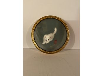 Vintage Asian Cat & Praying Mantis Embroidery Silk Screen In Round Metal Frame