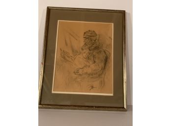 Pencil Sketch On Paper Portrait Of Man Sitting Reading