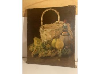 Antique Oil On Canvas Still Life,fruit Basket W Portrait Of A Child On Back