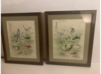 Vintage Pair Of Chinese Paintings Of Butterflies Framed And Matted