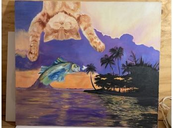 Unique Creative  Seascape Fish Jumping After Seagull W Cat In The Sky Larvd  Oil On Canvas