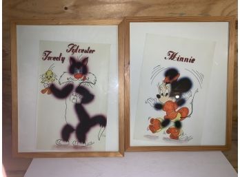 Two Cartoon Drawings Sylvester And Tweety Plus Minnie Signed!