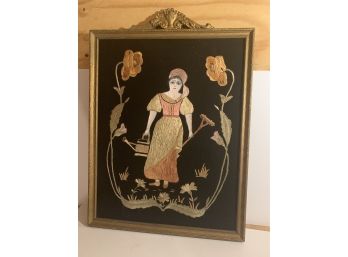 Antique Mixed Media Oil Plus Needlework On Felt Of Woman Gardening In A Beautiful Gold Frame