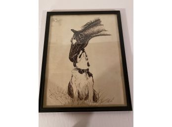 Ink Sketch Signed Horse And Dog