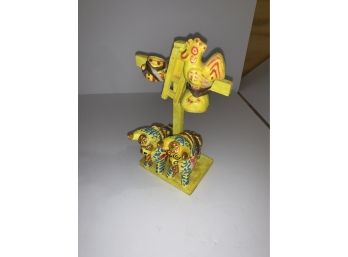 Mexican Folk Art Sculpture, Chicken And Bulls Hand Madepainted