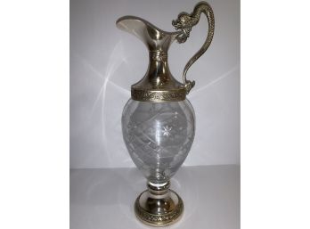 Amazing Silver Plate Pitcher Ewer With Cut Glass And Dragon Handle Marked G,g With A Crest Italy