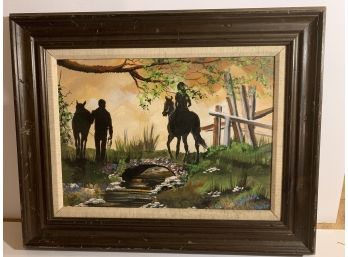 Stunning Western Horseback Riding  Silhouette Oil On Board With Beautiful Stream Landscape   Signed Lans