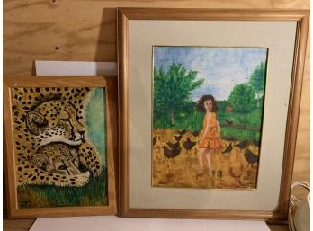 Lot Of 2 Oil On Canvas Paintings! Cheetah With Cub And Girl With Chickens  Signed