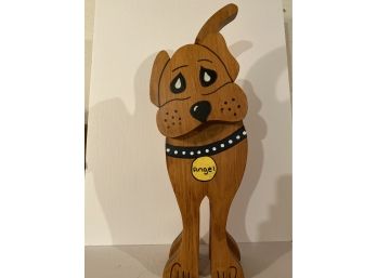 Unique Wooden Standing Dog Sculpture, Signed!