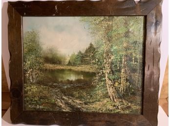 Stunning Oil On Canvas Nature  Reflective Pond Painting By Marian Howard With Wood Frame