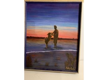 Signed Landscape Of Woman Silhouette Dancing With Her Dog In A Lake