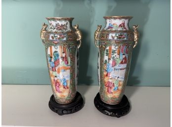 Two Beautiful Asian Vases On Raised Wood Risers