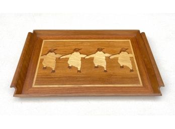 Vintage Dancing Penguins Wood Inlay Serving Tray