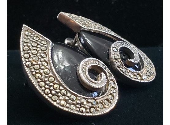 Vintage Art Deco Marcasite With Black Onyx Earrings