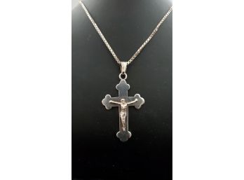 Large Sterling Silver Crucifix On Heavy 23.5 Inch Sterling Box Chain