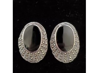 Vintage Sterling Silver Onyx Marcasite Earrings