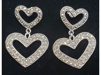 Vintage Sterling Silver Marcasite Heart Drop Earrings