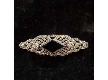 Antique Sterling Onyx And Marcasite Brooch