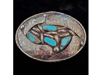 Huge Vintage Hand Crafted Sterling Silver Turquoise Belt Buckle