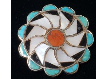 Antique Native American Zuni Mosaic Style Flower Brooch