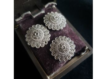 Vintage Sterling Silver Marcasite Earrings And Pin Set