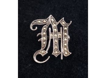 Sterling Silver Marcasite Letter 'M' Pin