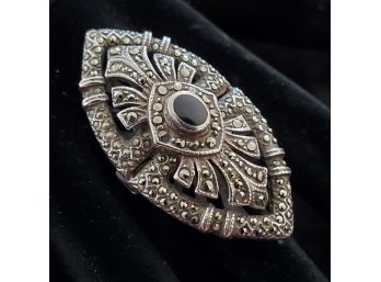 Large Vintage Sterling Onyx Marcasite Cocktail Ring