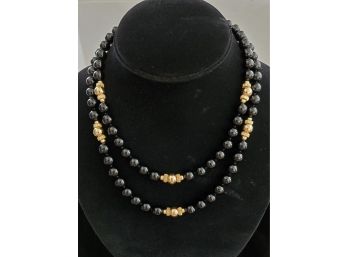 Vintage 14k Gold & 8mm Onyx Bead 34 Inch Necklace