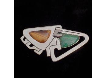 Vintage Modernist Erika Hult De Corral (Ric) Sterling Tiger Eye Green Turquoise Pin Taxco