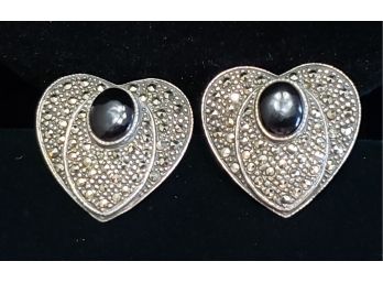 Vintage Heart Shaped Marcasite Earrings With Black Onyx Stone