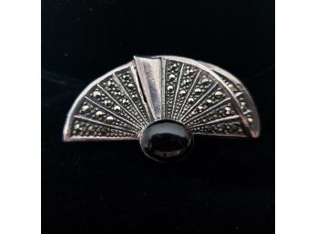 Vintage Sterling Silver Marcasite And Onyx Brooch