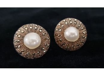 Vintage Sterling Silver Marcasite And Faux Pearl Earrings