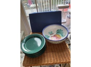 Large Bowl (Italy) And Eight Franciscan Village Green Dinner Plates. No Brand Marks On Franciscan.