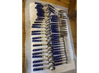 Large Collection Of Good Quality Blue Handle Serve Ware . Lots Of Pieces.  See Pics