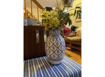 Blue And White Ceramic  Vase With Faux Flowers