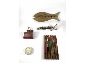 Rare Antique Finds - Fishing Gear - Hand Made Floats, Fish Decoy, Tin Bait Box & More