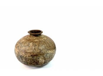 Early Primitive Hand Peened And Riveted Rounded Bottom Metal Vessel With Rolled Rim Spout
