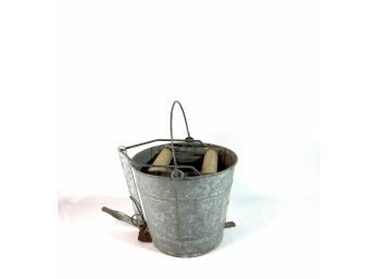 Vintage Galvanized Metal Mop Bucket With Foot Operated Wooden Wringer